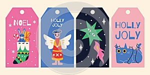 Christmas and New Year gift tags and cards. Winter cozy elements, cartoon style. Trendy modern vector illustration, flat