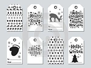 Christmas and New Year gift tags. Cards xmas set. Hand drawn elements. Collection of holiday paper label in black and