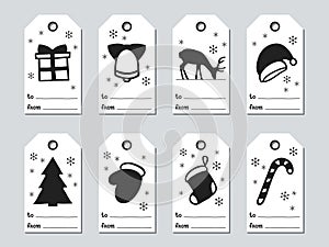 Christmas and New Year gift tags. Cards xmas set. Hand drawn elements. Collection of holiday paper label in black and