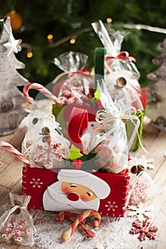 Christmas and New year gifts and baskets with sweets, alcohol, c