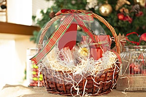 Christmas and New year gifts and baskets with sweets, alcohol, c