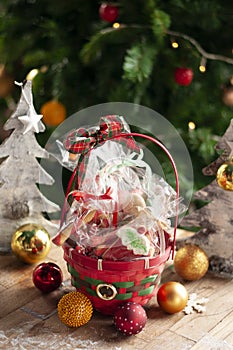 Christmas and New year gifts and baskets with sweets, alcohol, c