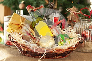 Christmas and New year gifts and baskets with sweets, alcohol, c