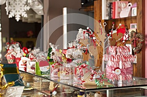 Christmas and New year gifts and baskets with sweets, alcohol, c