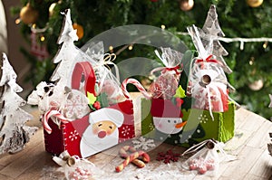 Christmas and New year gifts and baskets with sweets, alcohol, c