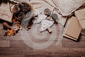 Christmas or New year gifts. Holiday decor concept.Toned picture. Top View.