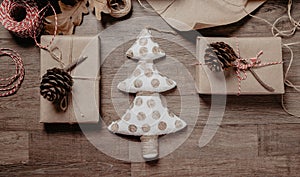 Christmas or New year gifts. Holiday decor concept.Toned picture. Top View.
