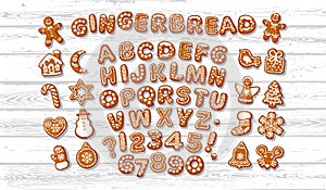 Christmas and New Year gingerbread alphabet letters and numbers and cute traditional holiday cookies photo