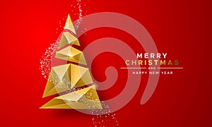 Christmas New Year gold 3d low poly tree red card