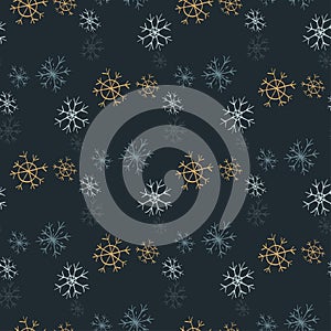 Christmas and New Year. Gold, light blue and navy blue snowflakes. Seamless vector pattern.