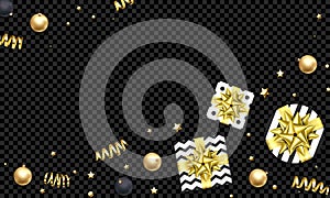 Christmas new year greeting card background template golden stars confetti gift presents decorations