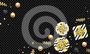 Christmas New Year greeting card background template golden stars confetti gift presents decorations