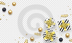 Christmas New Year greeting card background template golden stars confetti gift presents decorations