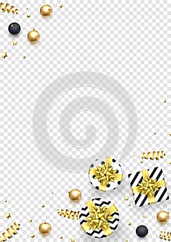 Christmas New Year greeting card background template golden stars confetti gift presents decorations