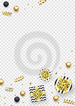 Christmas New Year greeting card background template golden stars confetti gift presents decorations