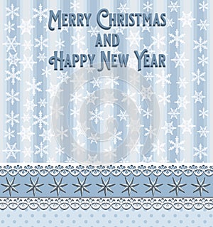 Christmas and New Year greeting card with blue stripes dots stars and white snowflakes