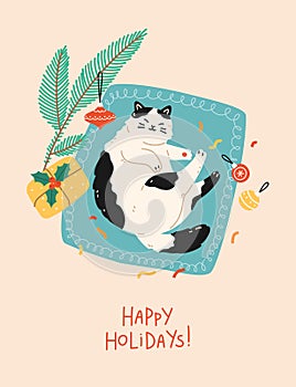 Christmas and New Year greeting card with cat sleeping and lying on rug