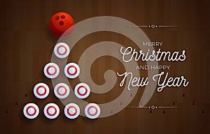 Christmas and new year greeting card. Creative Xmas tree made by bowling pin and ball on bowling lane background for Christmas and