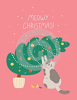 Christmas and New Year greeting card with cute cat playing with Christmas tree
