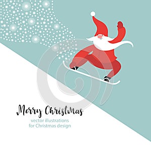 Christmas and New Year greeting card. Cute Gnome snowboarding.