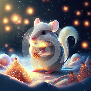 Christmas and New Year greeting card with cute white mouse in snow. 3D rendering AI generated animal ai