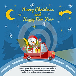 Christmas and New Year greeting card with delivery van. Vector.