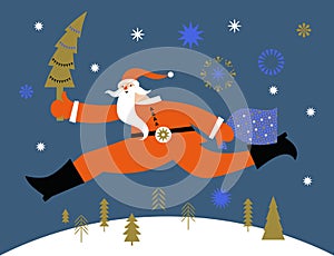 Christmas and New Year Greeting card. Funny Santa Claus run with xmas tree. Flat design style