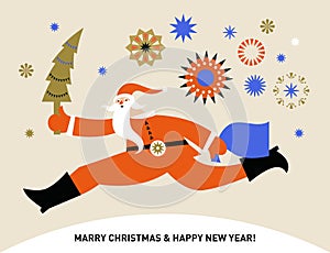 Christmas and New Year Greeting card. Funny Santa Claus run with xmas tree. Flat design style