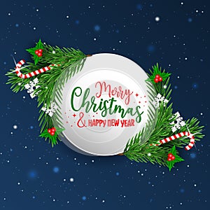 Christmas and New Year greeting card. Green needles on a circle with magic wands, snowflakes, holly berries and snowfall.