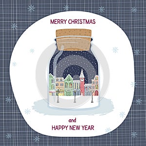 Christmas and New year greeting card. Hand drawn city in bottle