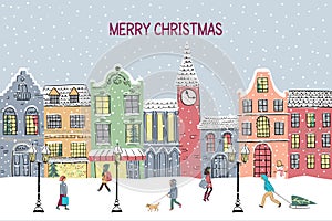 Christmas and New year greeting card. Hand drawn snowy town