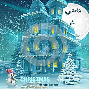 Christmas and New Year greeting card with the image of a snowy night with a snowman and Christmas trees