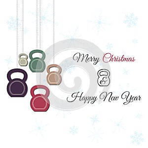 Christmas and New Year greeting card with kettlebells