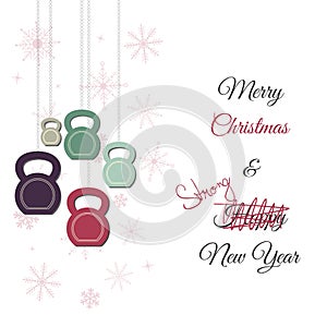 Christmas and New Year greeting card with kettlebells