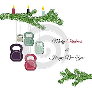 Christmas and New Year greeting card with kettlebells and pine branch.