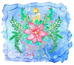 Christmas and New Year greeting card with poinsettia flower, candle, conifer branch and baubles against blue painted background