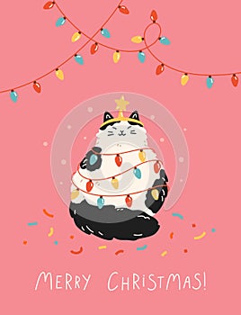 Christmas and New Year greeting card and poster with funny cat secretly trying holiday dinner