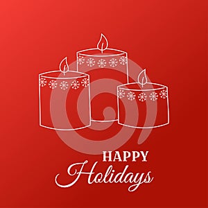 Christmas and New Year greeting card template. Happy holidays text and three burning candles on red background. Line art