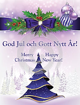 Christmas and New Year greeting card with text in English and Swedish
