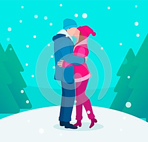 Christmas and New Year greeting card with young couple in love kissing outdoors