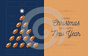 Christmas and new year greeting flat cartoon card. Creative Xmas tree made by american football ball on rugby field background for