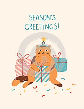 Christmas and New Year greeting holiday card with funny cute cat.