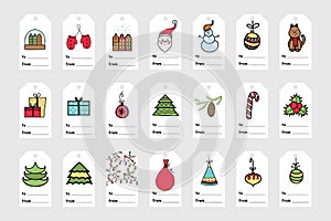 Christmas and New Year greeting tags with cute hand drawn wint