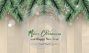 Christmas and New Year greetings with green and white branches, bokeh effect and snowfall on a wooden background. Vector design.