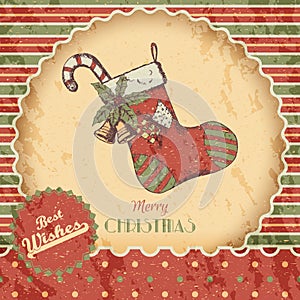 Christmas or New year hand drawn colored vector illustration - card, poster. Xmas sock with candy, bells, vintage sketch