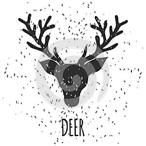 Christmas and New Year hand drawn greeting card with black sketch deer head silhouette