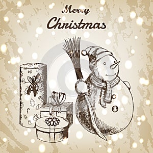 Christmas or New year hand drawn vector illustration. Snowman in winter hat with broom and gift sketch, vintage style
