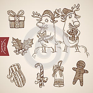 Christmas New Year handdrawn elk reindeer candy cane vector