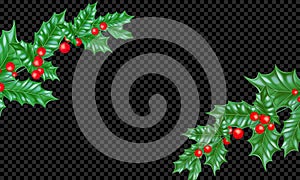 Christmas or New Year holiday background template of New Year fir or pine tree branch on transparent black. Vector Christmas or Ne