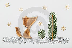 Christmas, New Year holiday composition. Fox in winter forest on white flat lay background with snowflakes. Minimalism.